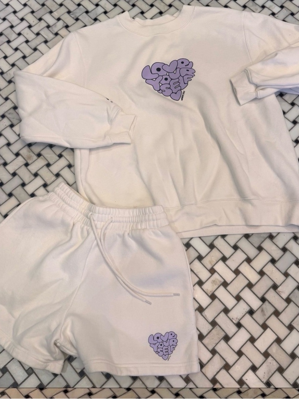 WHITE FOX Sweatshirt & Shorts Set with Lavender 'Love Yourself' Heart- Oversized